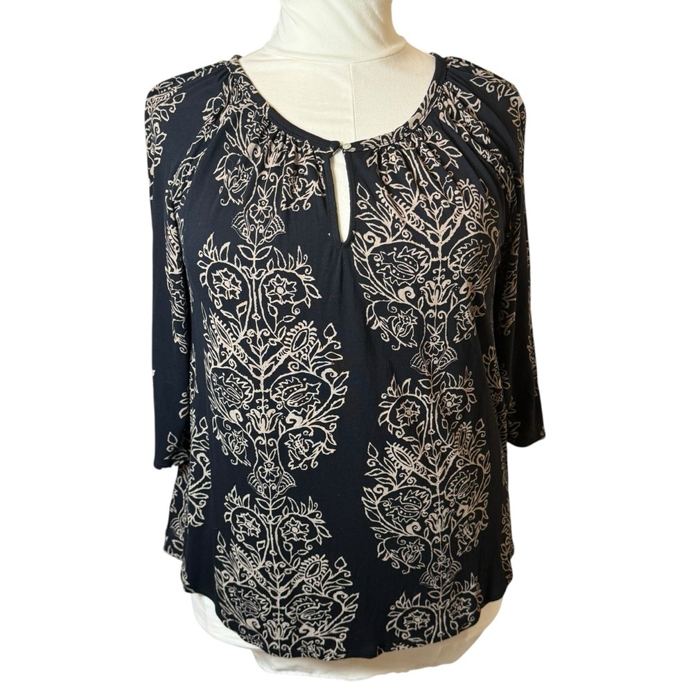 Lucky Brand 1X Plus Top Damask Black Boho Blouse‎ Bohemian Neutral Artsy Peasant